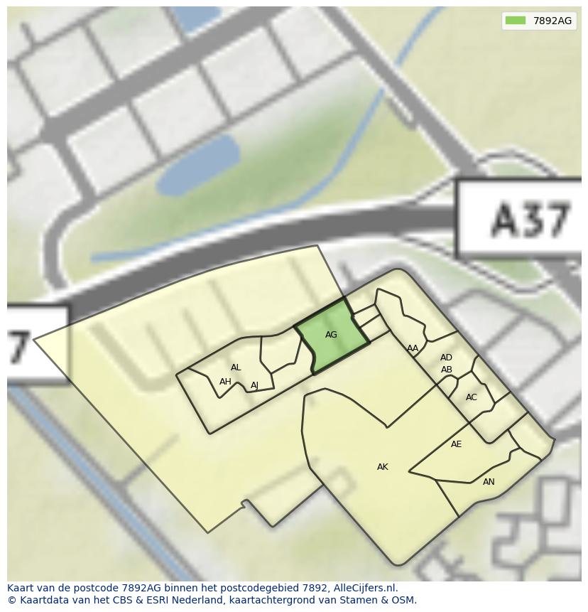 Afbeelding van het postcodegebied 7892 AG op de kaart.