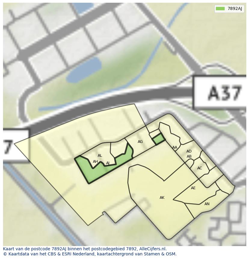Afbeelding van het postcodegebied 7892 AJ op de kaart.
