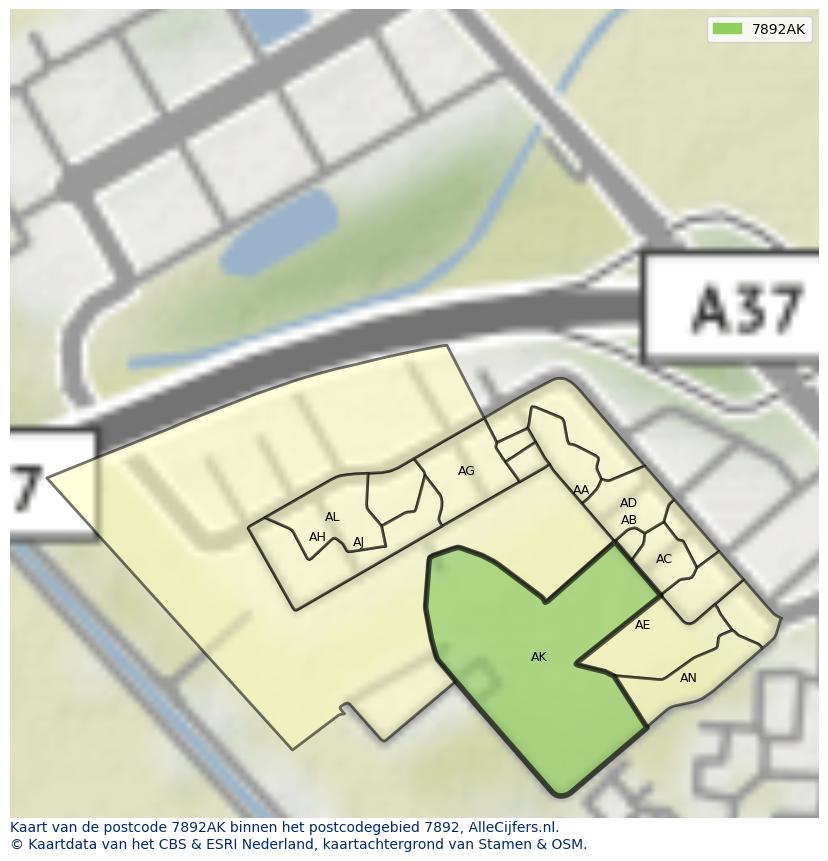 Afbeelding van het postcodegebied 7892 AK op de kaart.