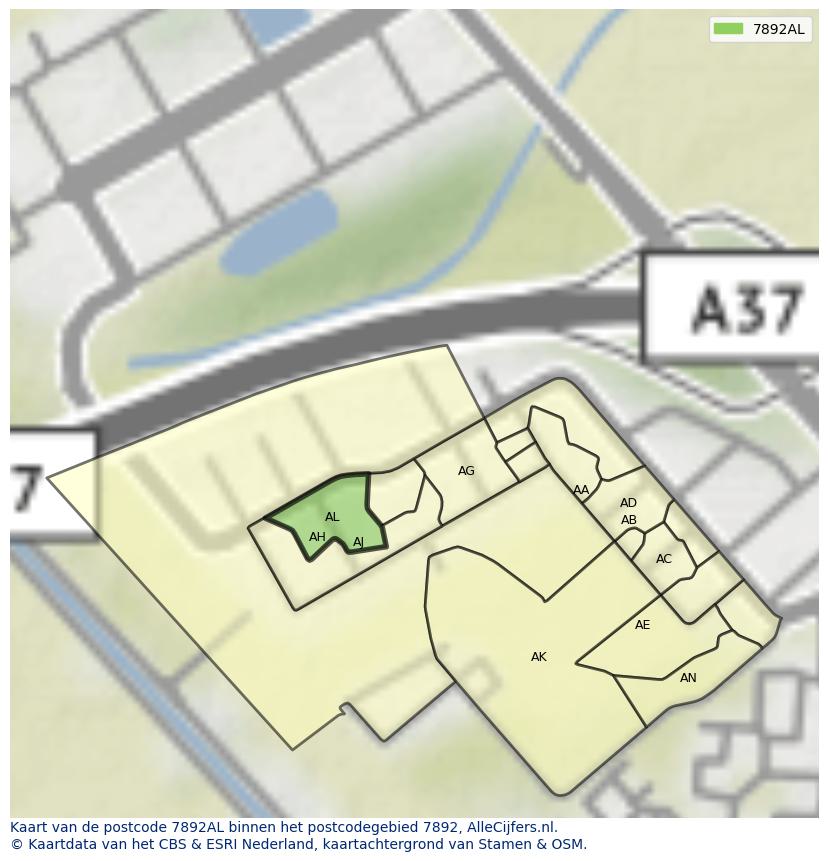 Afbeelding van het postcodegebied 7892 AL op de kaart.