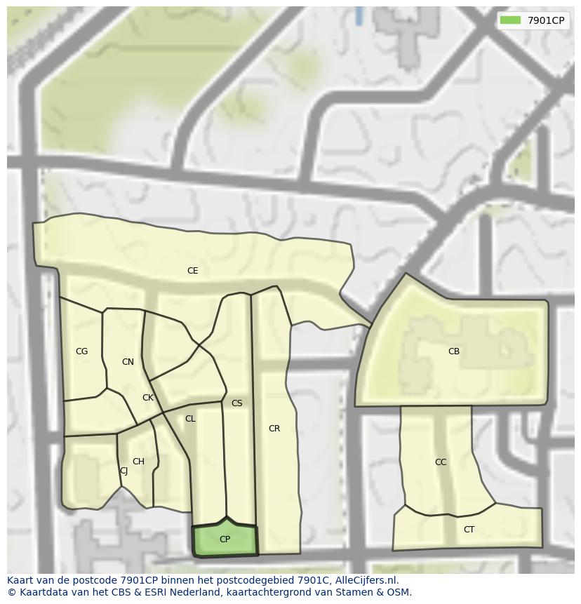 Afbeelding van het postcodegebied 7901 CP op de kaart.