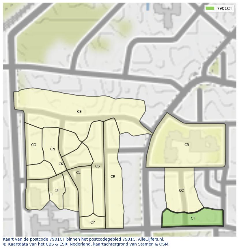 Afbeelding van het postcodegebied 7901 CT op de kaart.