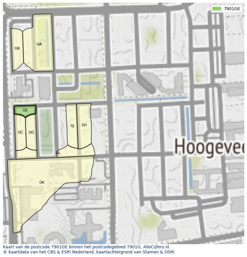 Afbeelding van het postcodegebied 7901 GE op de kaart.