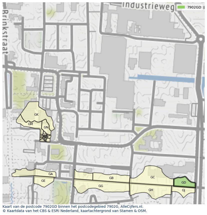 Afbeelding van het postcodegebied 7902 GD op de kaart.