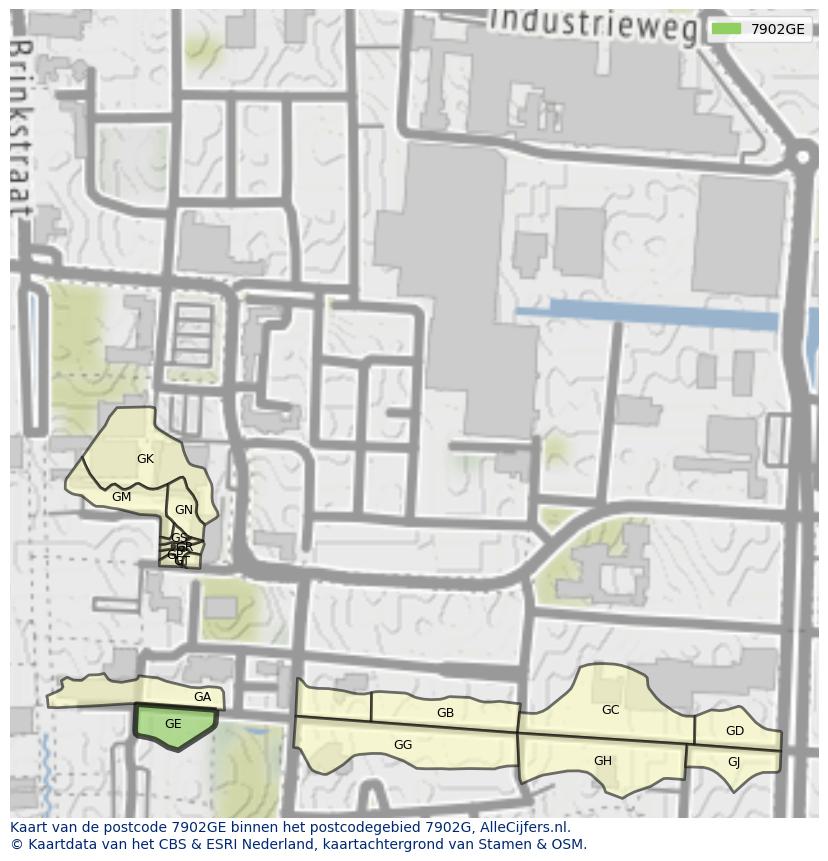 Afbeelding van het postcodegebied 7902 GE op de kaart.
