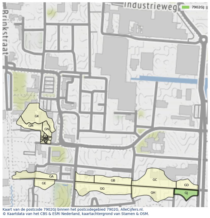 Afbeelding van het postcodegebied 7902 GJ op de kaart.