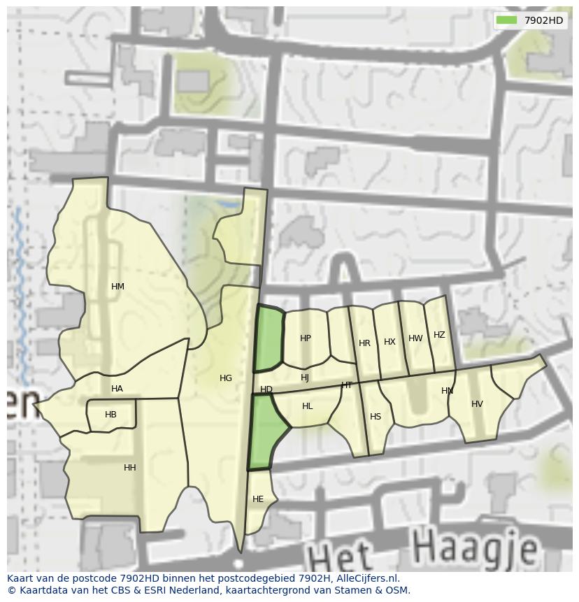 Afbeelding van het postcodegebied 7902 HD op de kaart.
