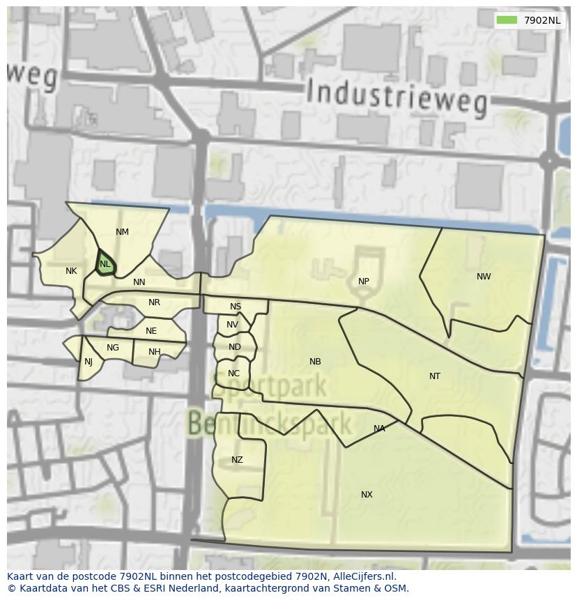 Afbeelding van het postcodegebied 7902 NL op de kaart.