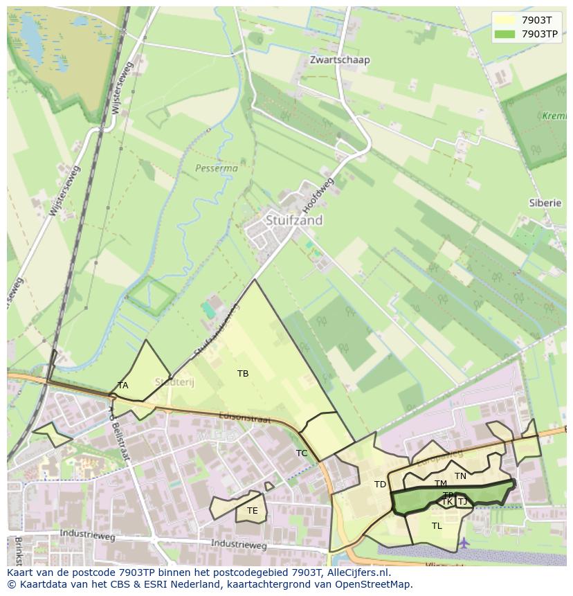 Afbeelding van het postcodegebied 7903 TP op de kaart.