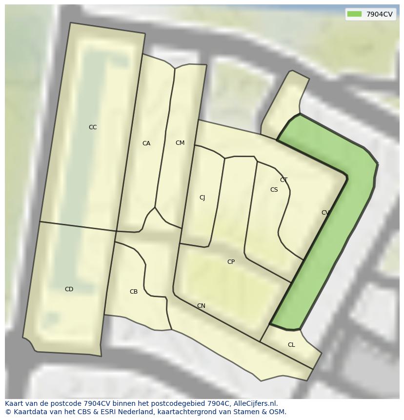 Afbeelding van het postcodegebied 7904 CV op de kaart.