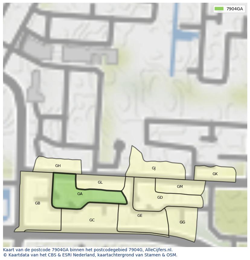 Afbeelding van het postcodegebied 7904 GA op de kaart.