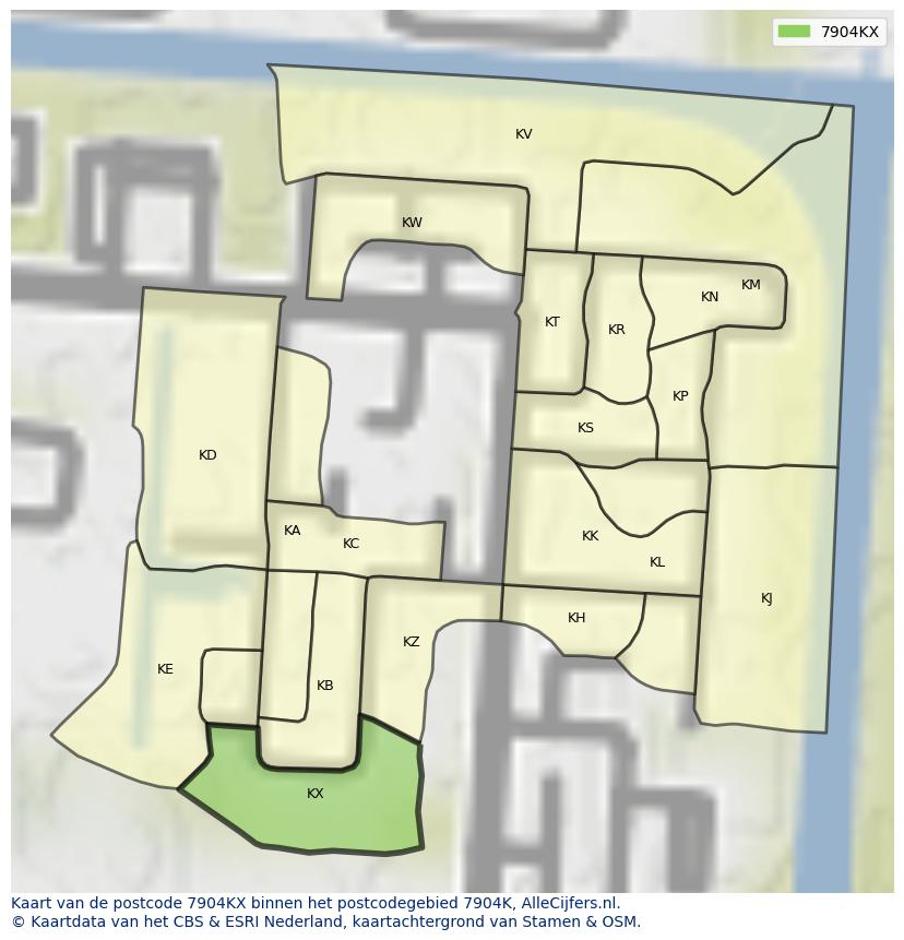Afbeelding van het postcodegebied 7904 KX op de kaart.