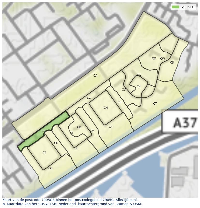 Afbeelding van het postcodegebied 7905 CB op de kaart.