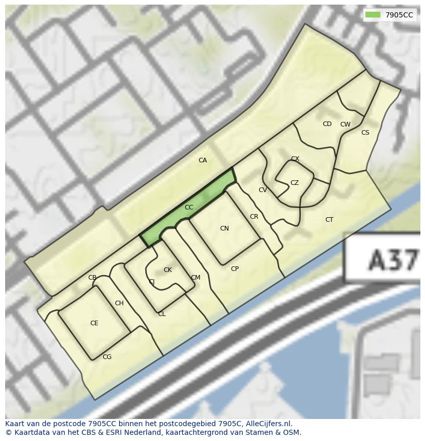 Afbeelding van het postcodegebied 7905 CC op de kaart.