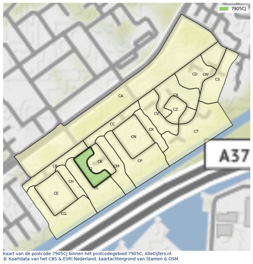 Afbeelding van het postcodegebied 7905 CJ op de kaart.