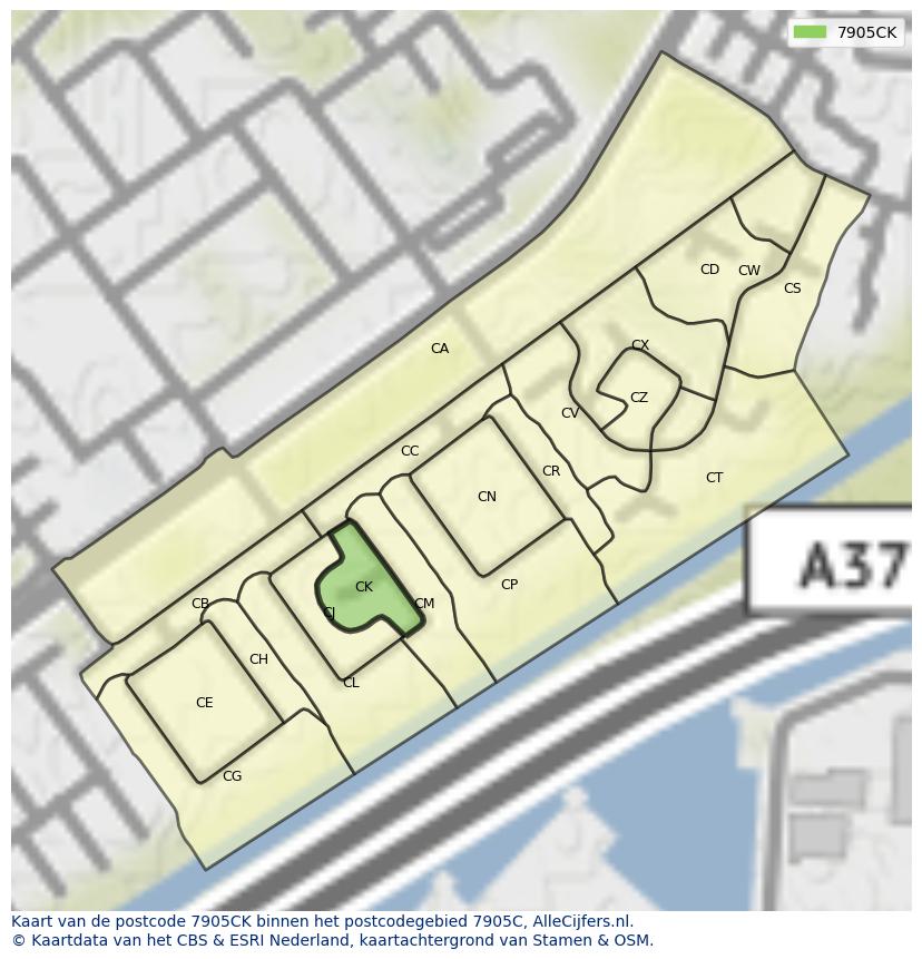 Afbeelding van het postcodegebied 7905 CK op de kaart.