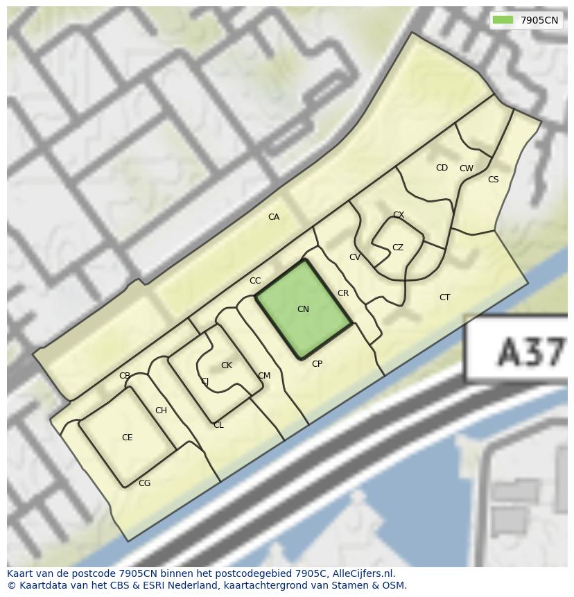 Afbeelding van het postcodegebied 7905 CN op de kaart.