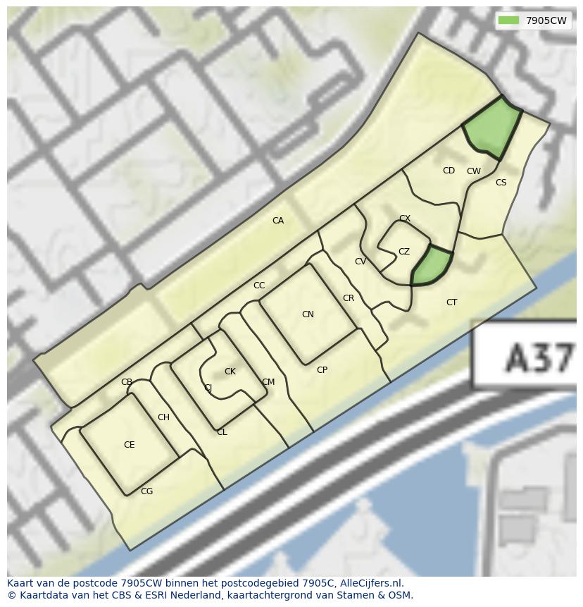 Afbeelding van het postcodegebied 7905 CW op de kaart.