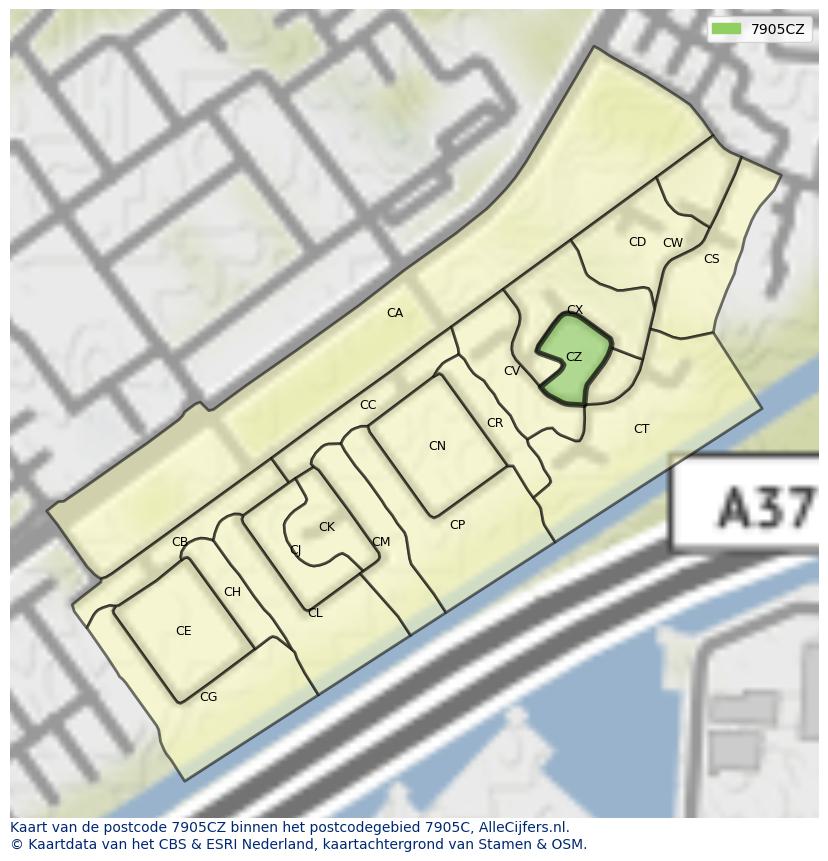 Afbeelding van het postcodegebied 7905 CZ op de kaart.