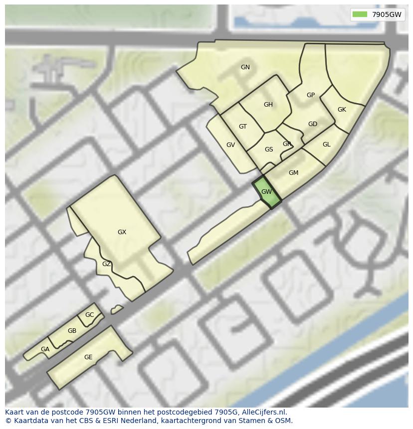 Afbeelding van het postcodegebied 7905 GW op de kaart.