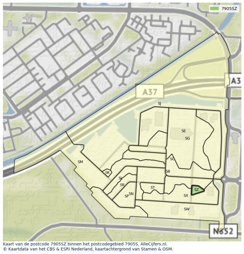 Afbeelding van het postcodegebied 7905 SZ op de kaart.