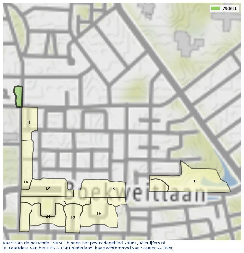 Afbeelding van het postcodegebied 7906 LL op de kaart.