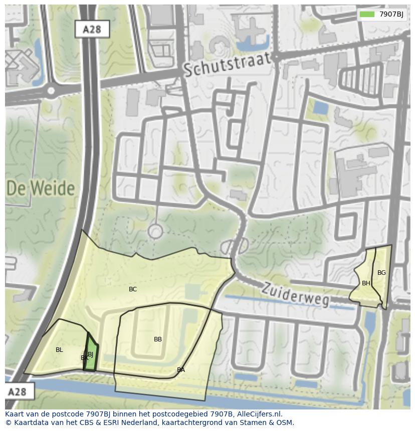 Afbeelding van het postcodegebied 7907 BJ op de kaart.