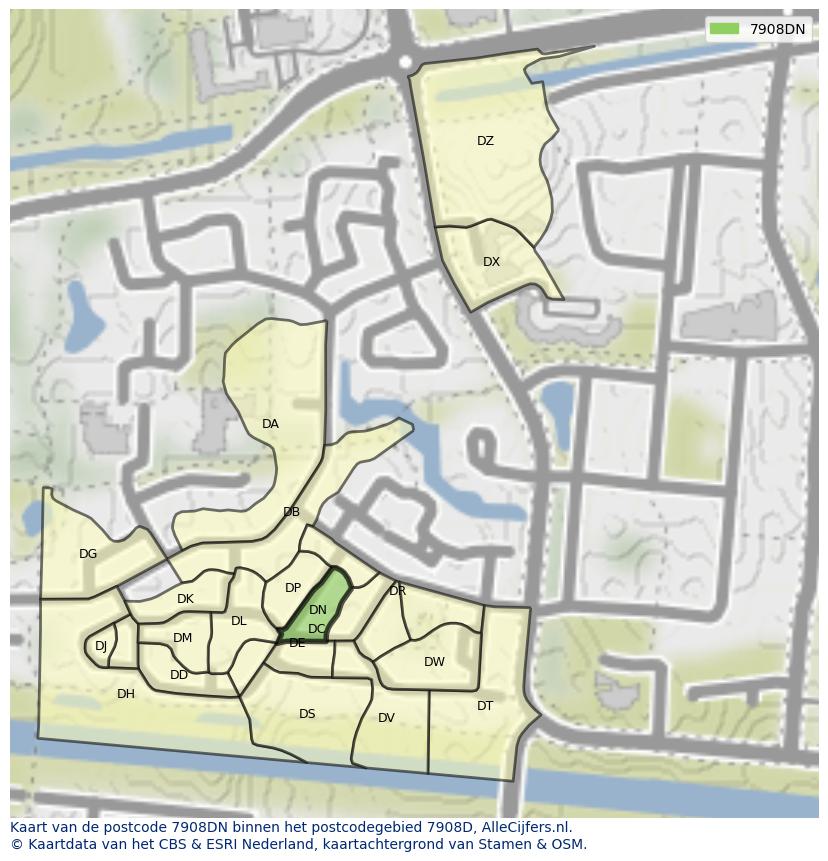 Afbeelding van het postcodegebied 7908 DN op de kaart.