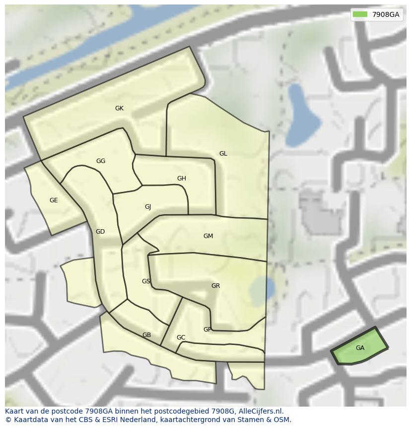 Afbeelding van het postcodegebied 7908 GA op de kaart.