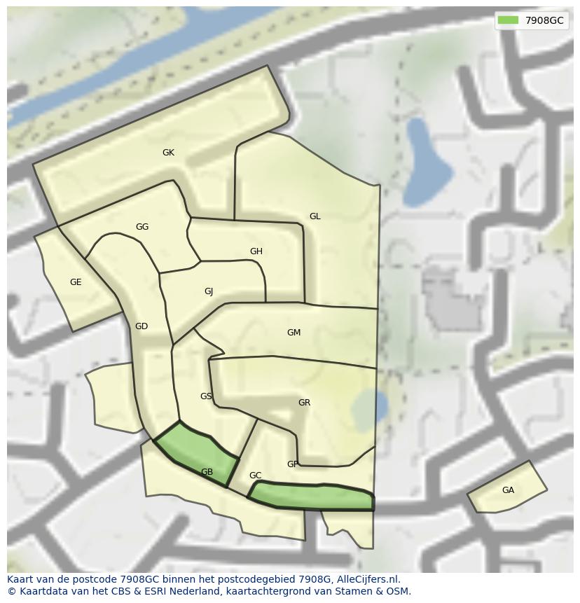 Afbeelding van het postcodegebied 7908 GC op de kaart.