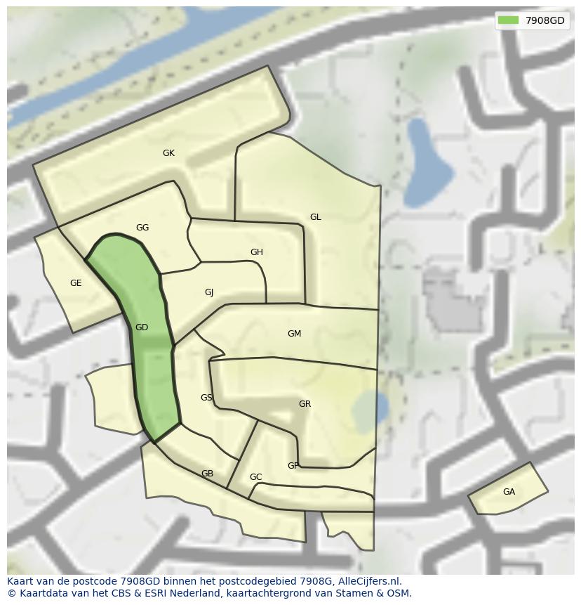 Afbeelding van het postcodegebied 7908 GD op de kaart.