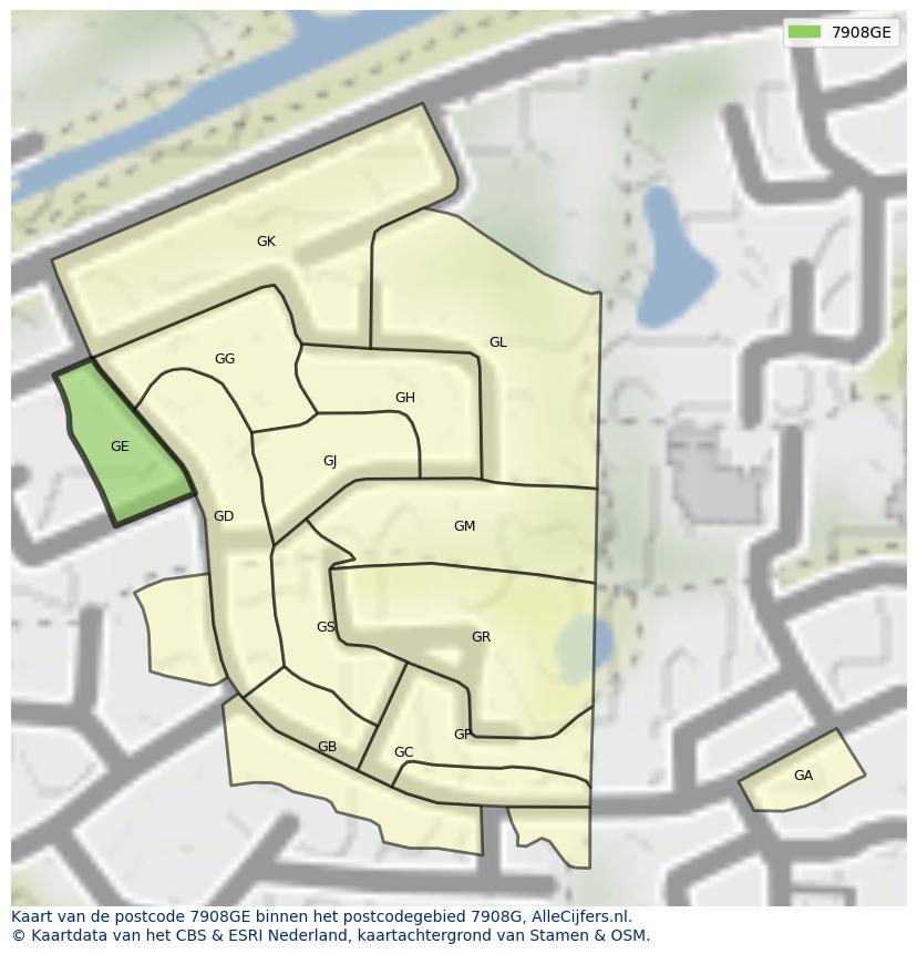 Afbeelding van het postcodegebied 7908 GE op de kaart.