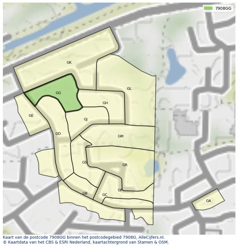 Afbeelding van het postcodegebied 7908 GG op de kaart.