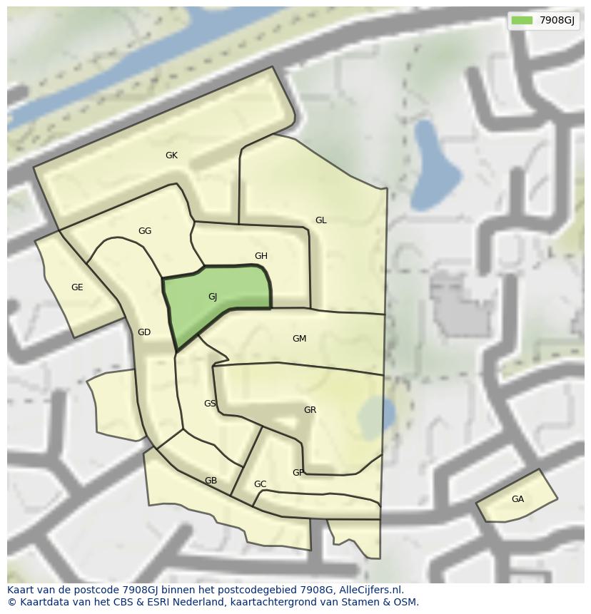 Afbeelding van het postcodegebied 7908 GJ op de kaart.