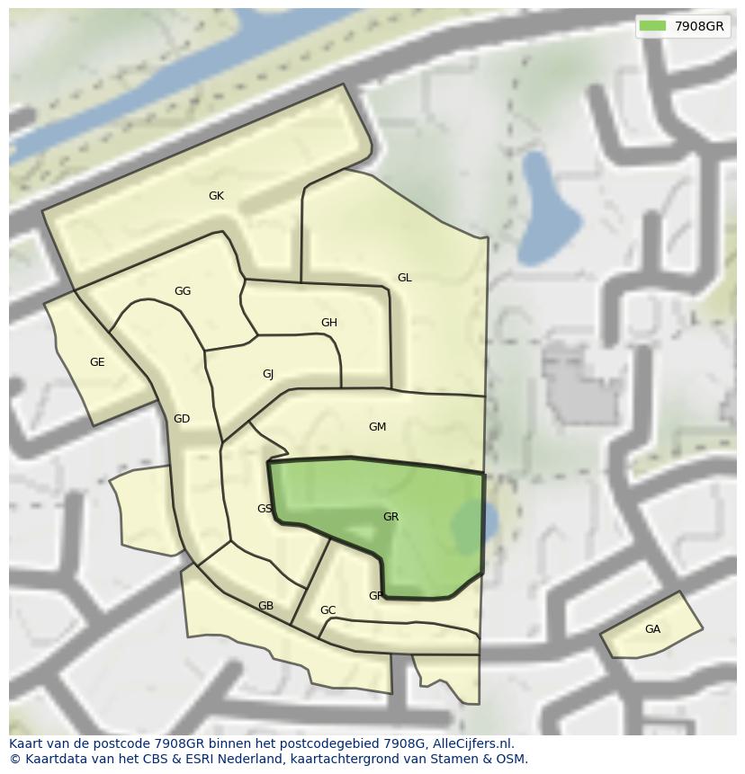 Afbeelding van het postcodegebied 7908 GR op de kaart.