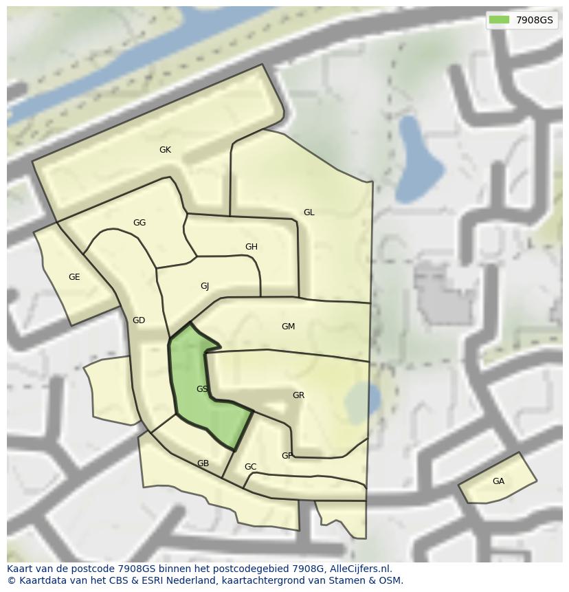 Afbeelding van het postcodegebied 7908 GS op de kaart.