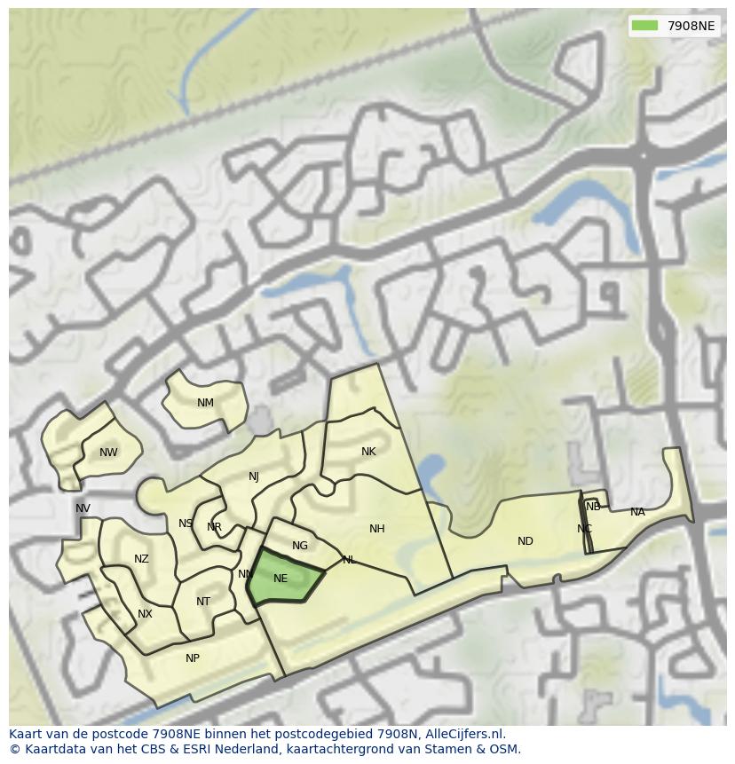 Afbeelding van het postcodegebied 7908 NE op de kaart.