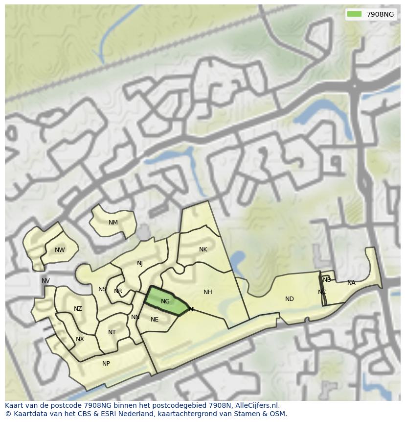 Afbeelding van het postcodegebied 7908 NG op de kaart.