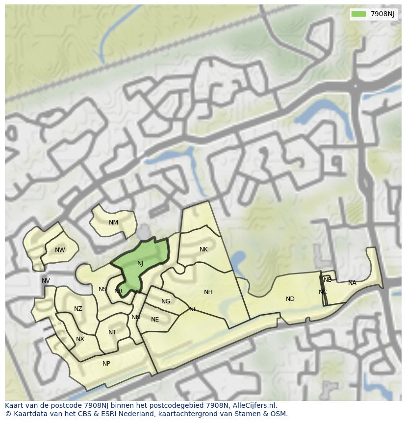 Afbeelding van het postcodegebied 7908 NJ op de kaart.