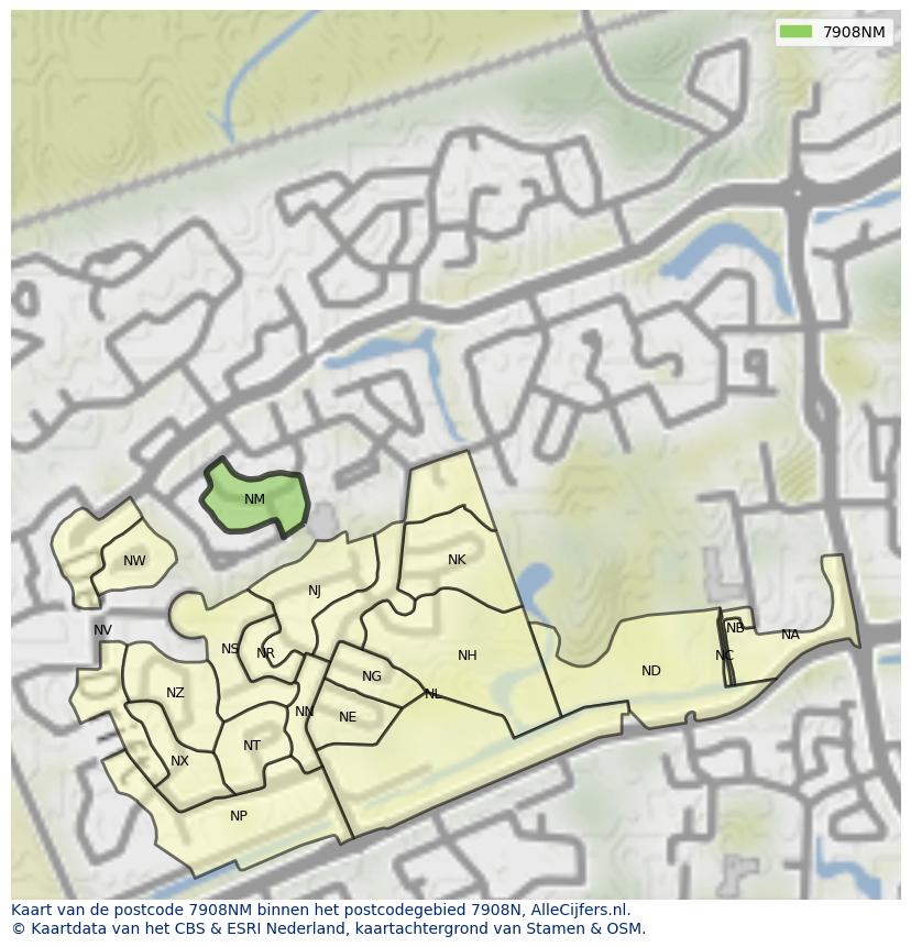 Afbeelding van het postcodegebied 7908 NM op de kaart.
