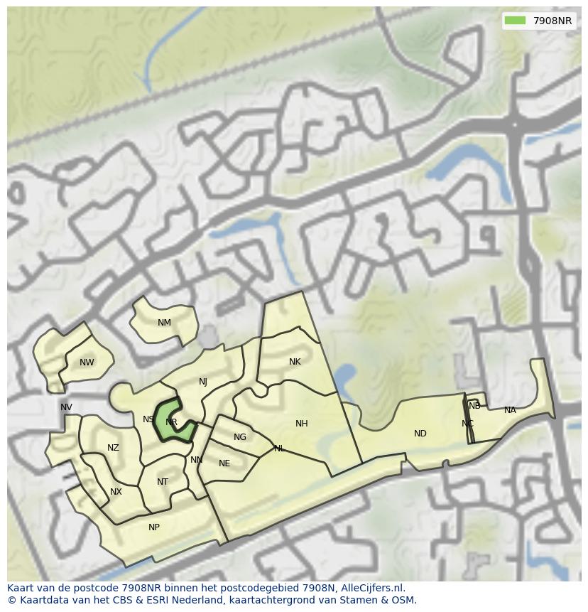 Afbeelding van het postcodegebied 7908 NR op de kaart.