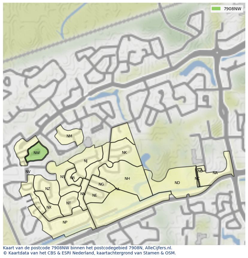 Afbeelding van het postcodegebied 7908 NW op de kaart.