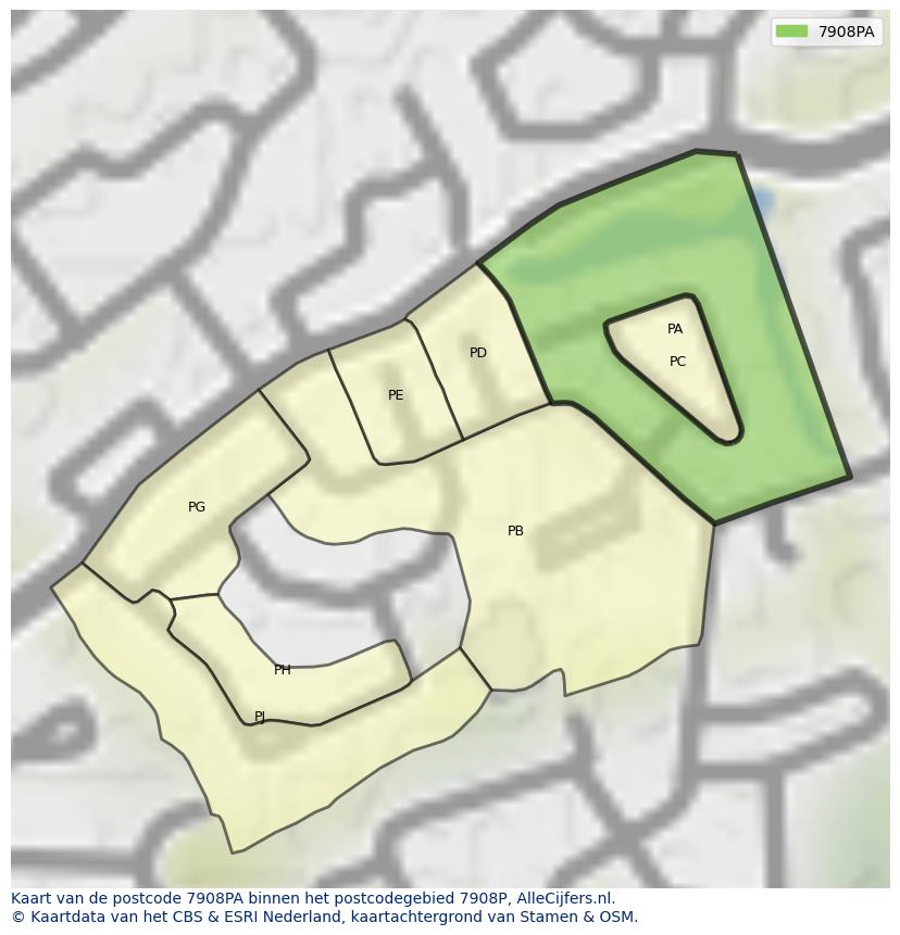 Afbeelding van het postcodegebied 7908 PA op de kaart.