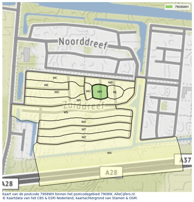 Afbeelding van het postcodegebied 7908 WH op de kaart.