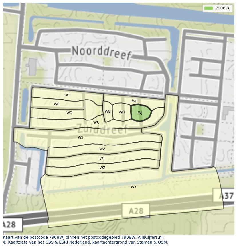 Afbeelding van het postcodegebied 7908 WJ op de kaart.