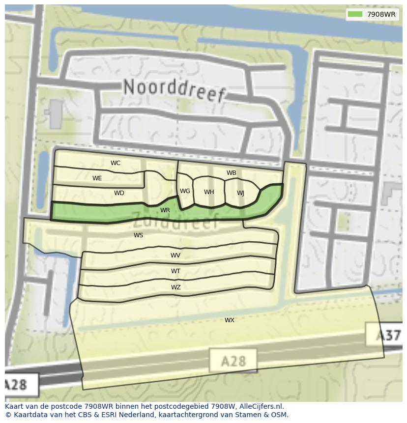 Afbeelding van het postcodegebied 7908 WR op de kaart.