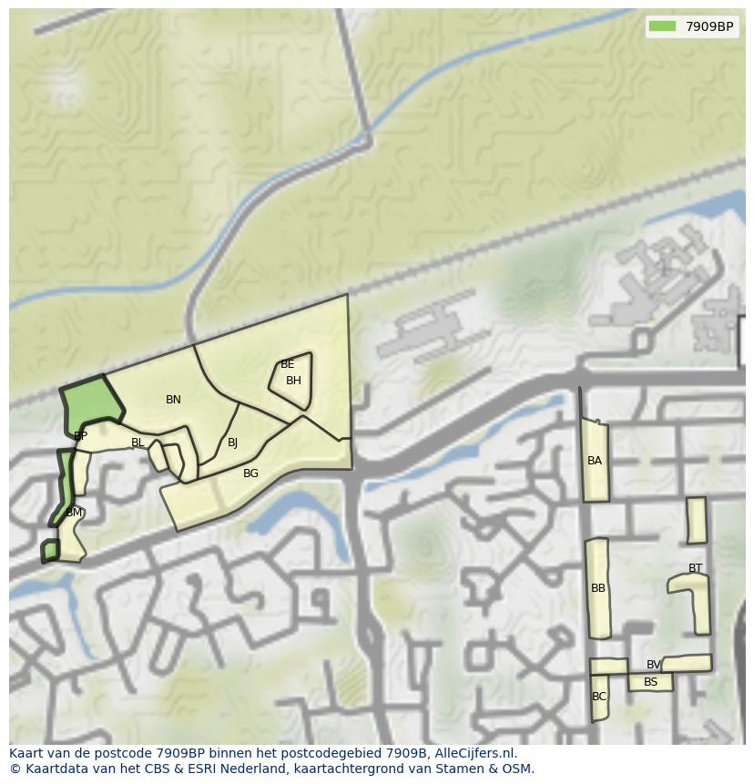 Afbeelding van het postcodegebied 7909 BP op de kaart.