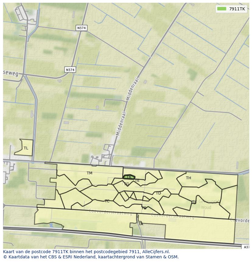 Afbeelding van het postcodegebied 7911 TK op de kaart.