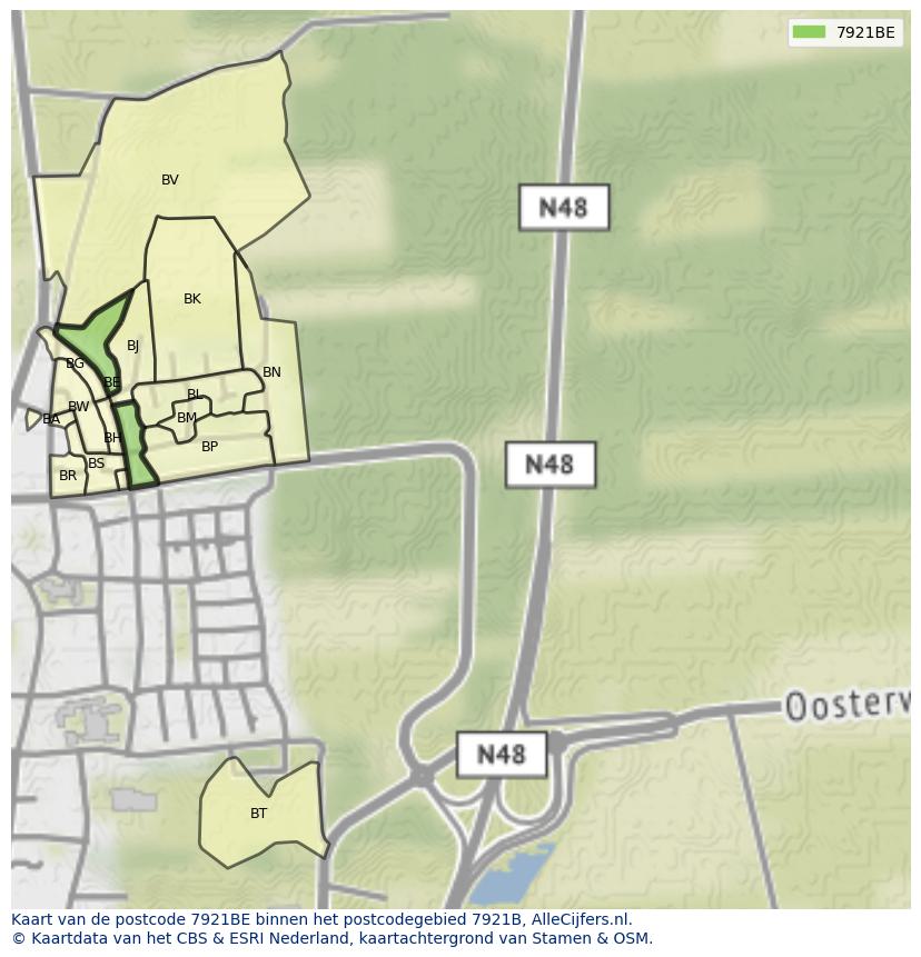 Afbeelding van het postcodegebied 7921 BE op de kaart.