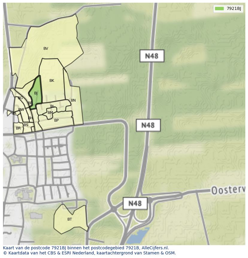 Afbeelding van het postcodegebied 7921 BJ op de kaart.